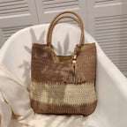 Sac en paille tressée femme zippé, doublure en coton, marron