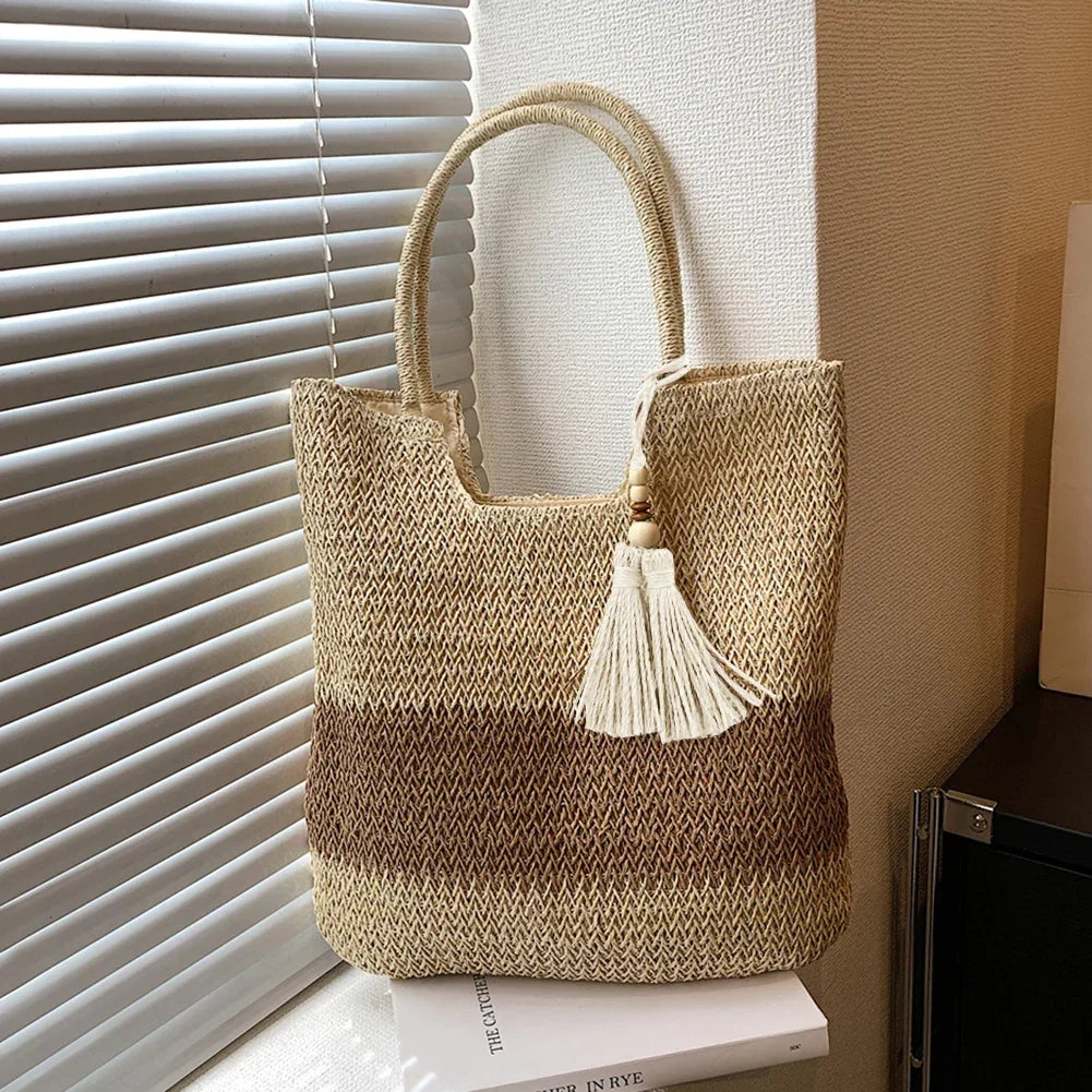 Sac en paille tressée femme zippé, doublure en coton, beige