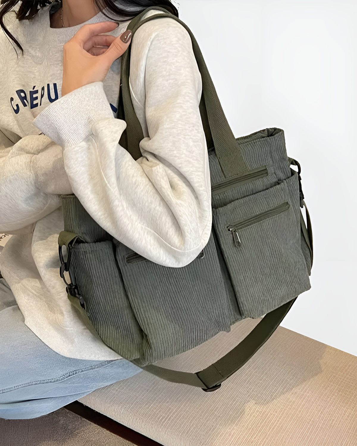 Sac fourre-tout femme zippé, velours côtelé, quatre coloris