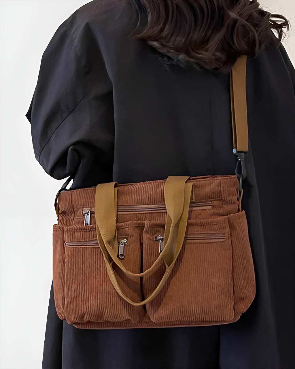 Sac fourre-tout femme zippé, velours côtelé, quatre coloris