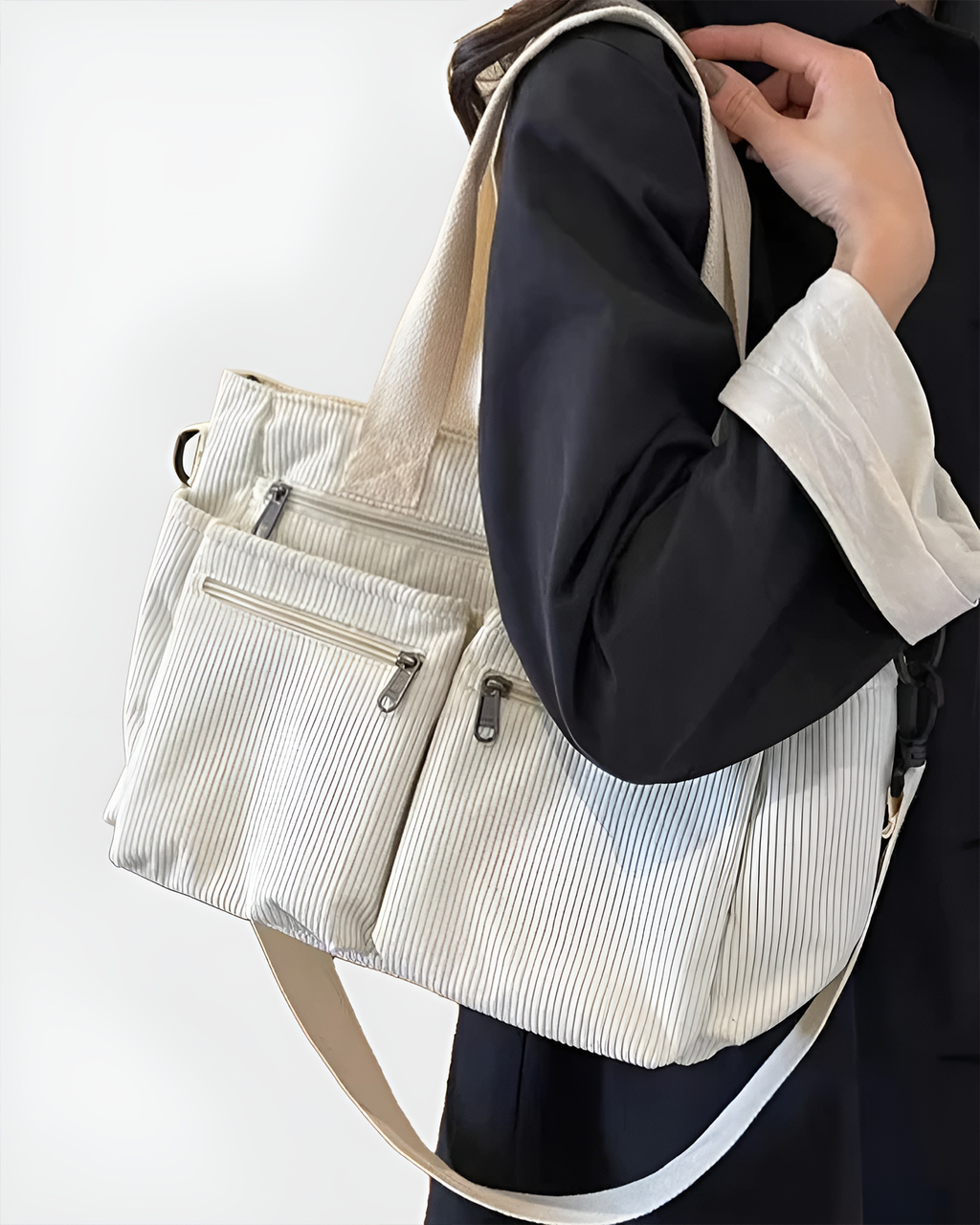 Sac fourre-tout femme zippé, velours côtelé, quatre coloris