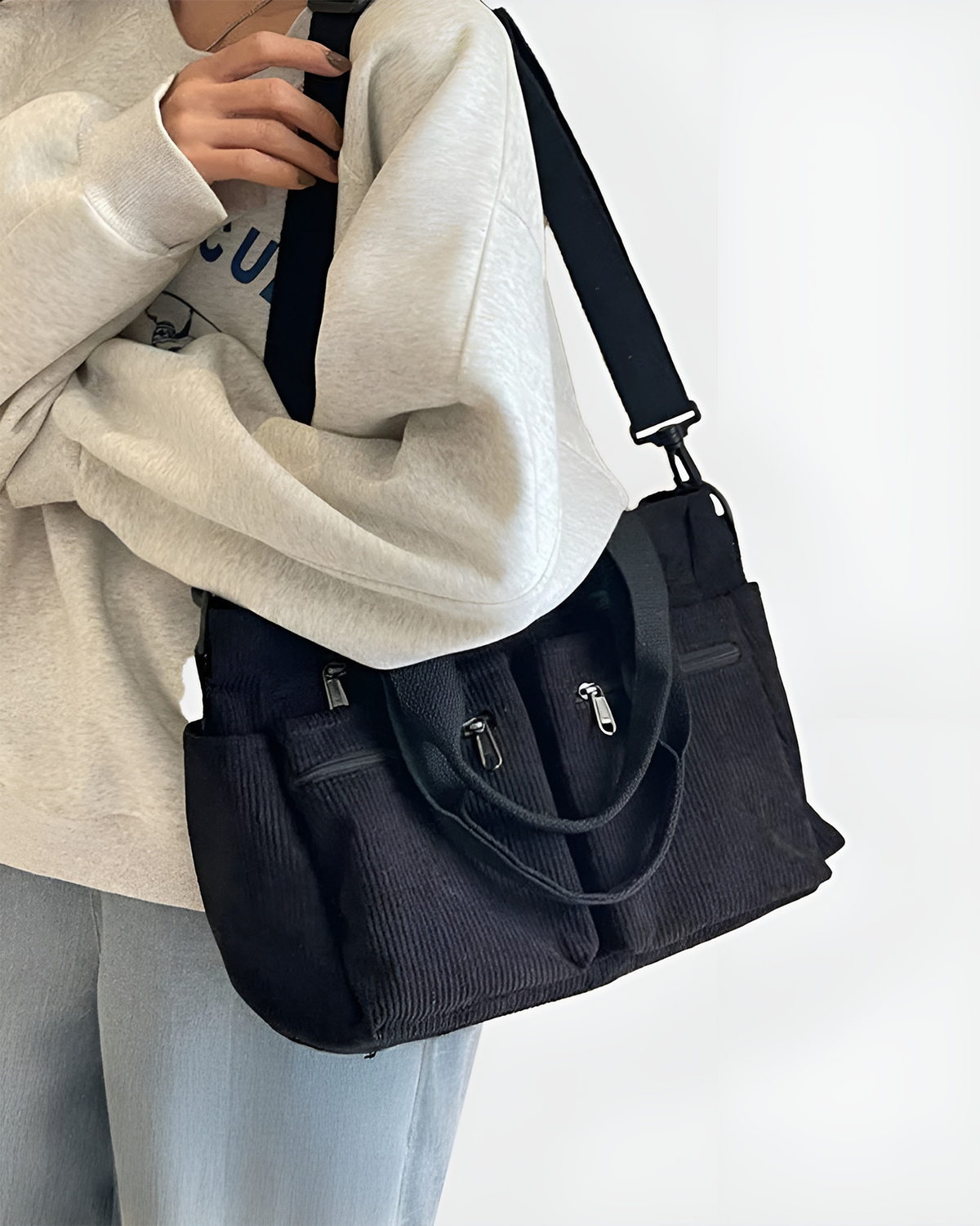 Sac fourre-tout femme zippé, velours côtelé, quatre coloris