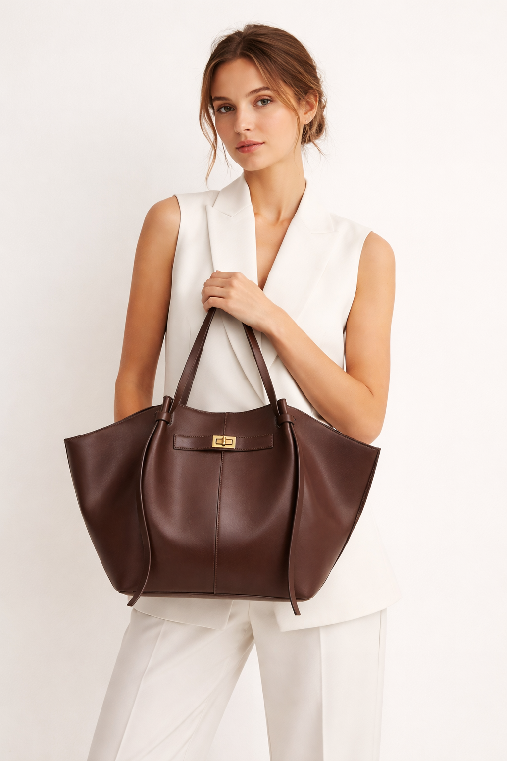 Sac fourre-tout femme en similicuir à longue anse, marron ou noir