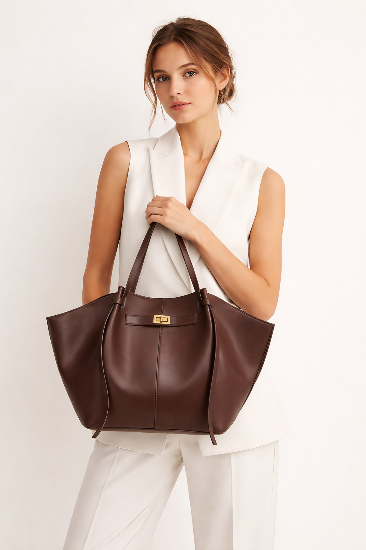Sac fourre-tout femme en similicuir à longue anse, marron ou noir