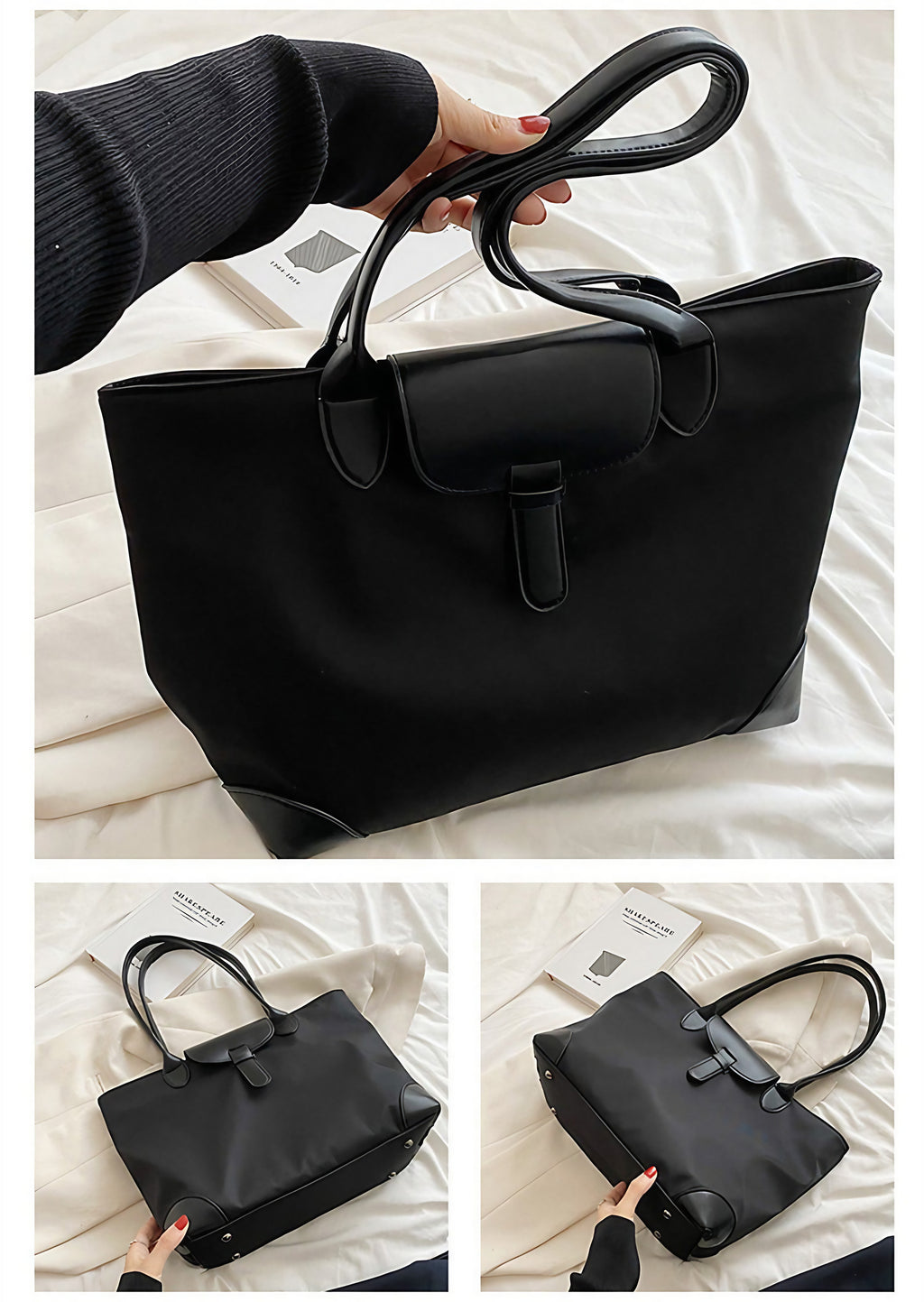 Sac fourre-tout femme noir, 40 x 24 cm, porté main ou épaule, noir