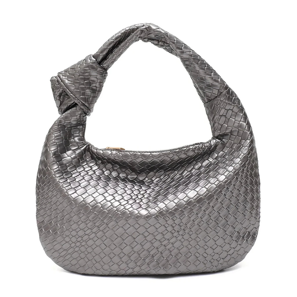 Sac hobo femme en similicuir aspect tressé, fermeture zippée, argenté