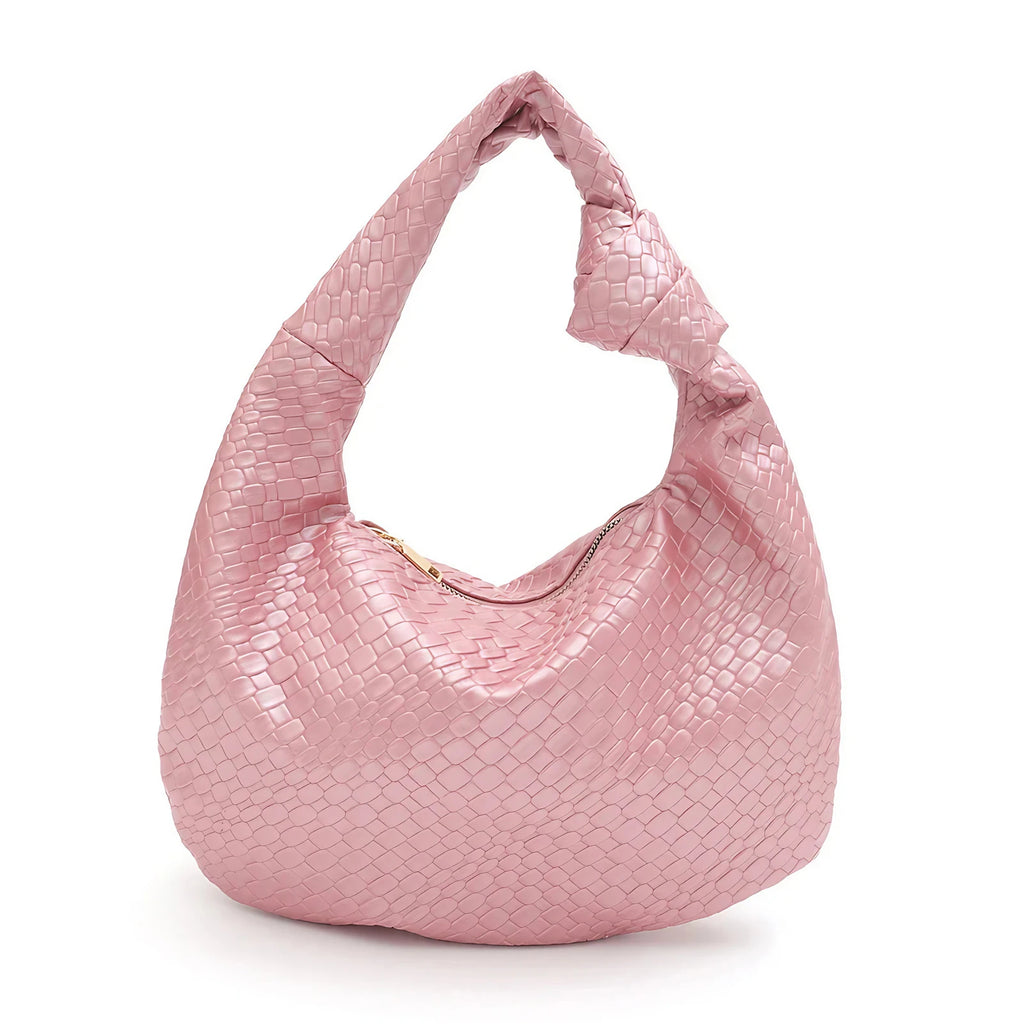 Sac hobo femme en similicuir aspect tressé, fermeture zippée, rose