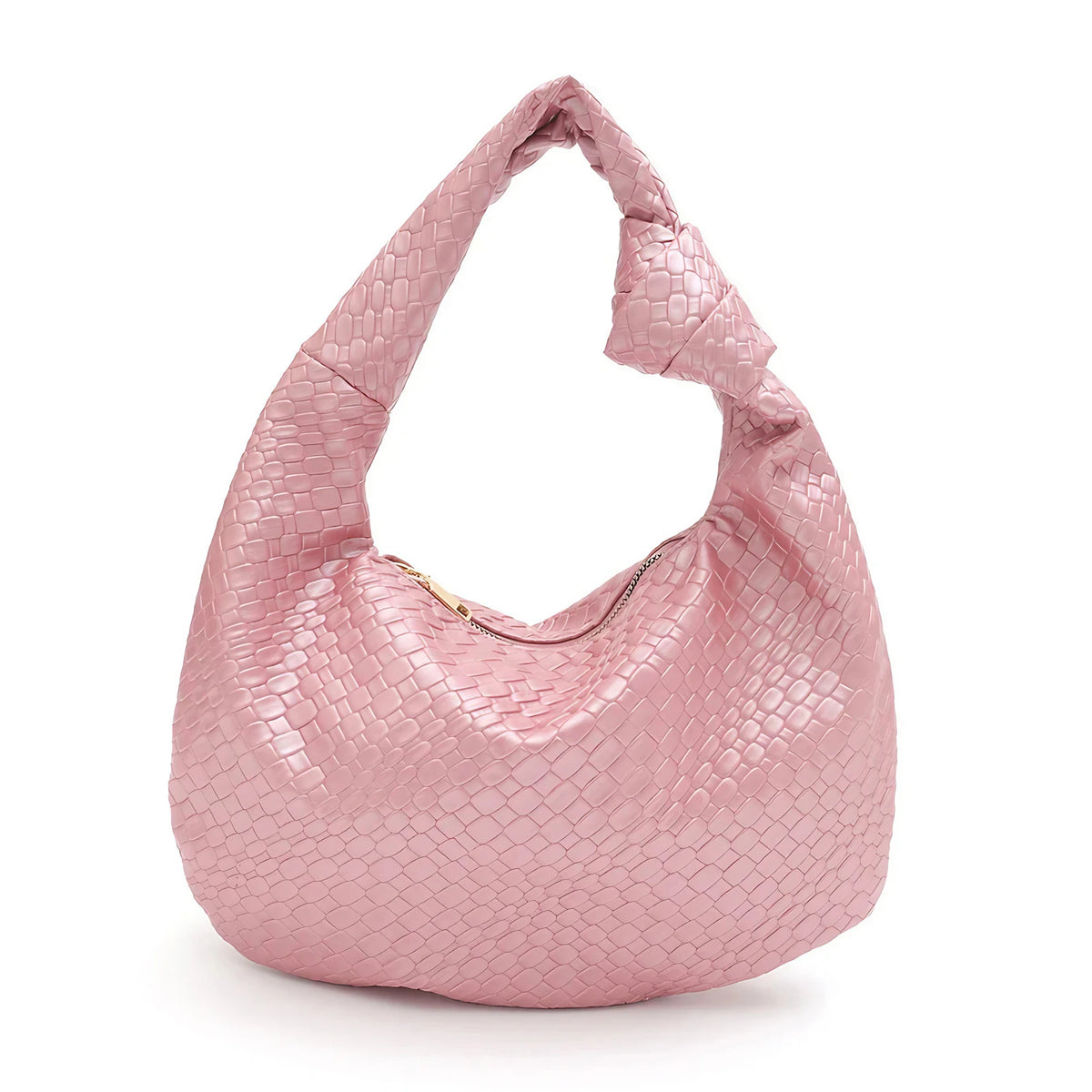 Sac hobo femme en similicuir aspect tressé, fermeture zippée, rose