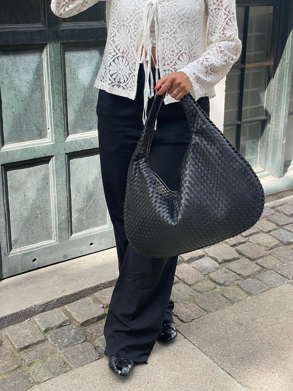 Sac hobo tressé femme à anse souple, fermeture zippée, noir