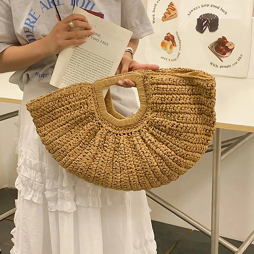Sac demi-lune tressé femme, porté main ou poignet, 40 x 27 cm, beige