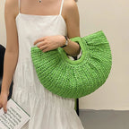 Sac demi-lune tressé femme, porté main ou poignet, 40 x 27 cm, vert