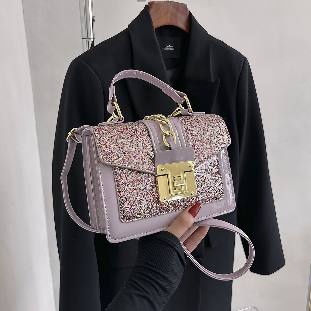 Sac à main à paillettes femme, forme mini-mallette, lilas