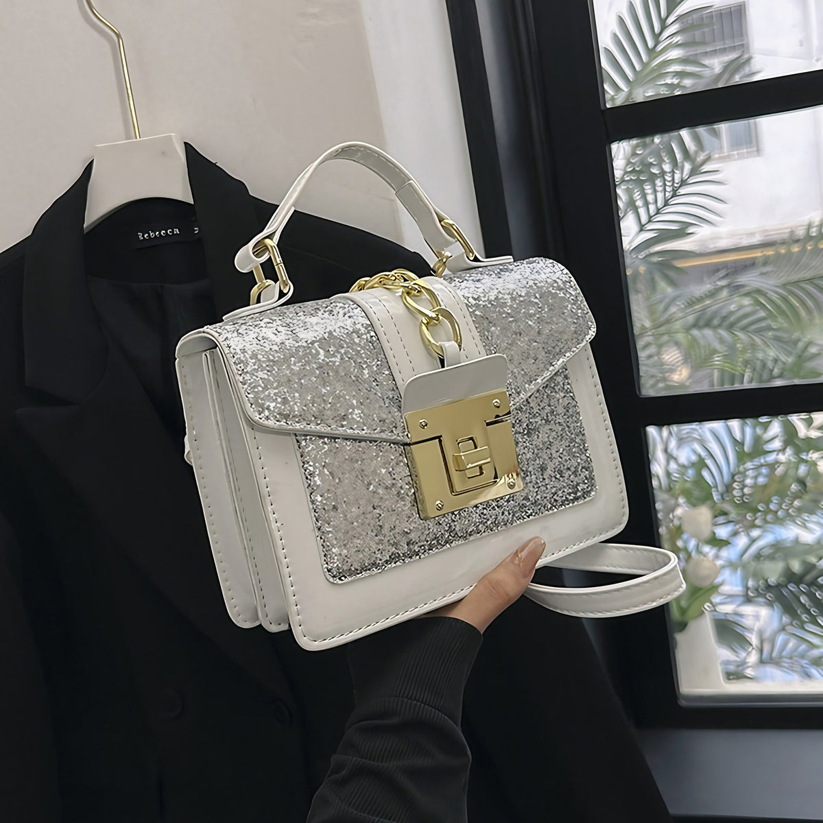 Sac à main à paillettes femme, forme mini-mallette, gris