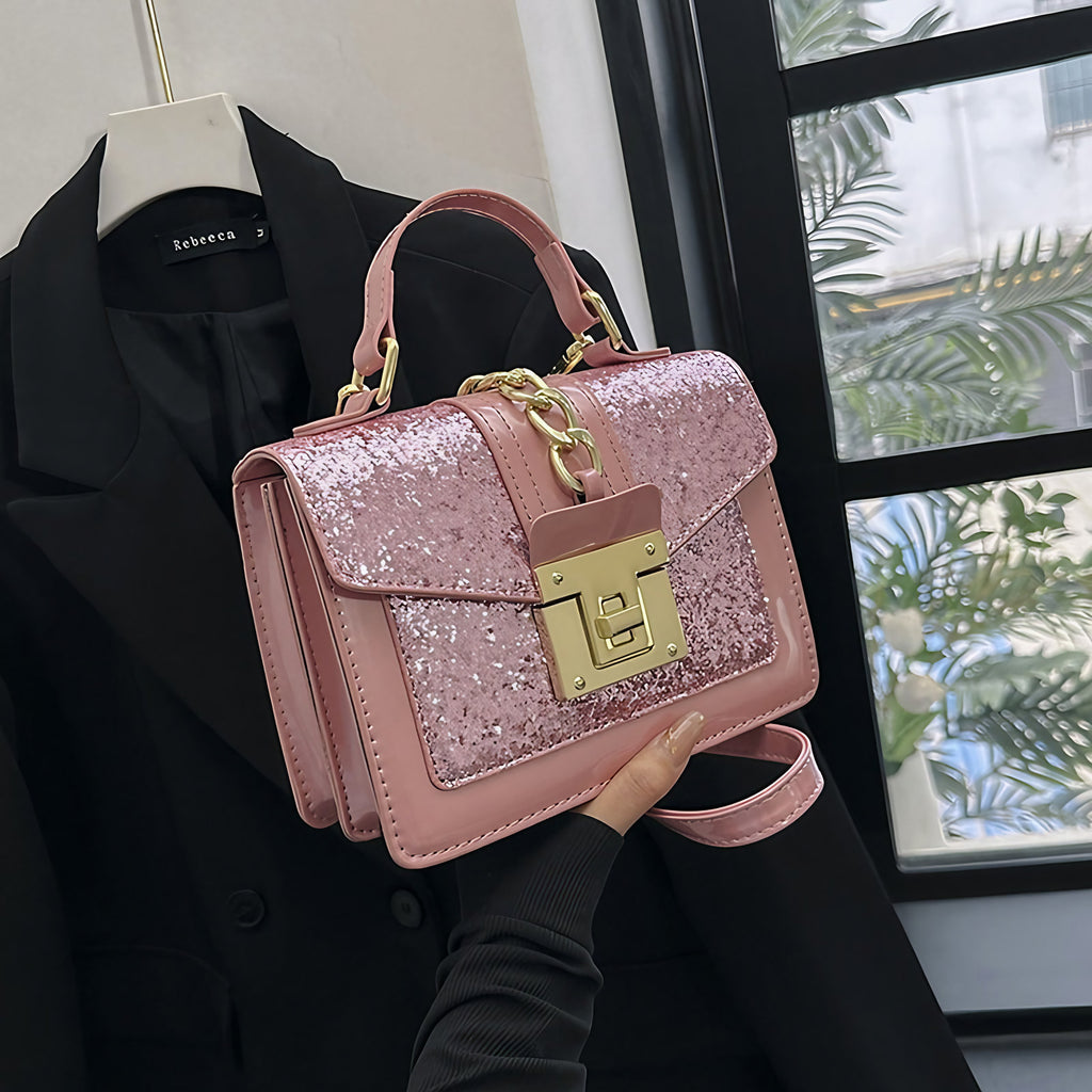 Sac à main à paillettes femme, forme mini-mallette, rose clair