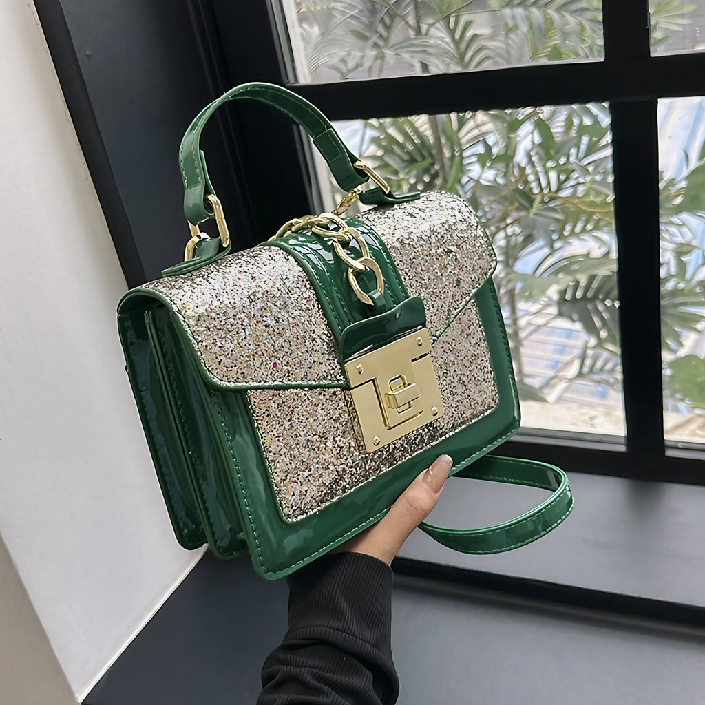 Sac à main à paillettes femme, forme mini-mallette, vert