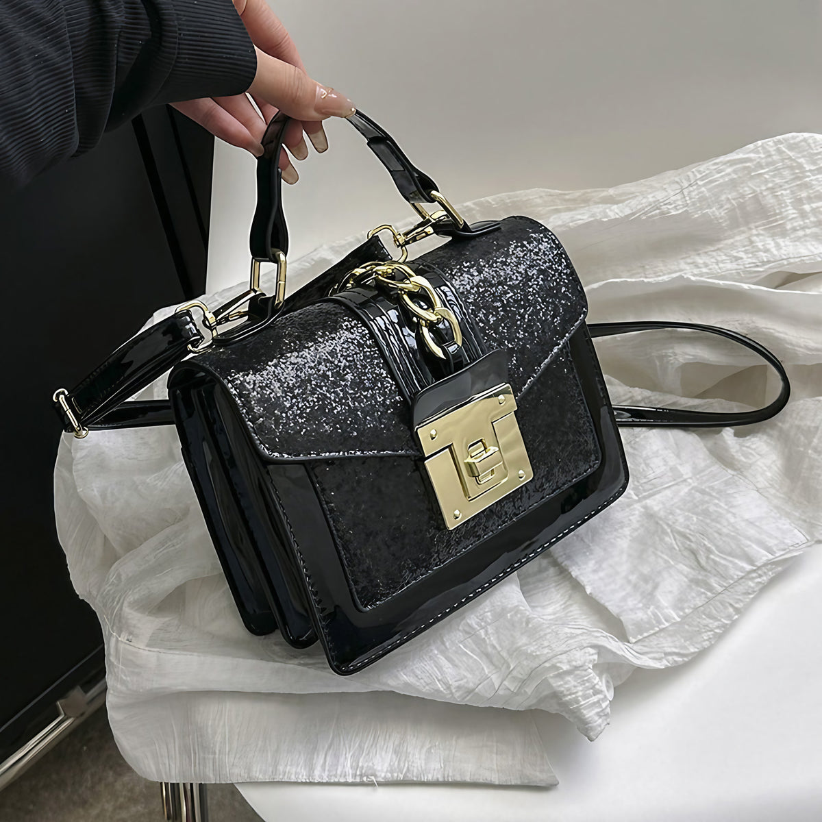 Sac à main à paillettes femme, forme mini-mallette, noir