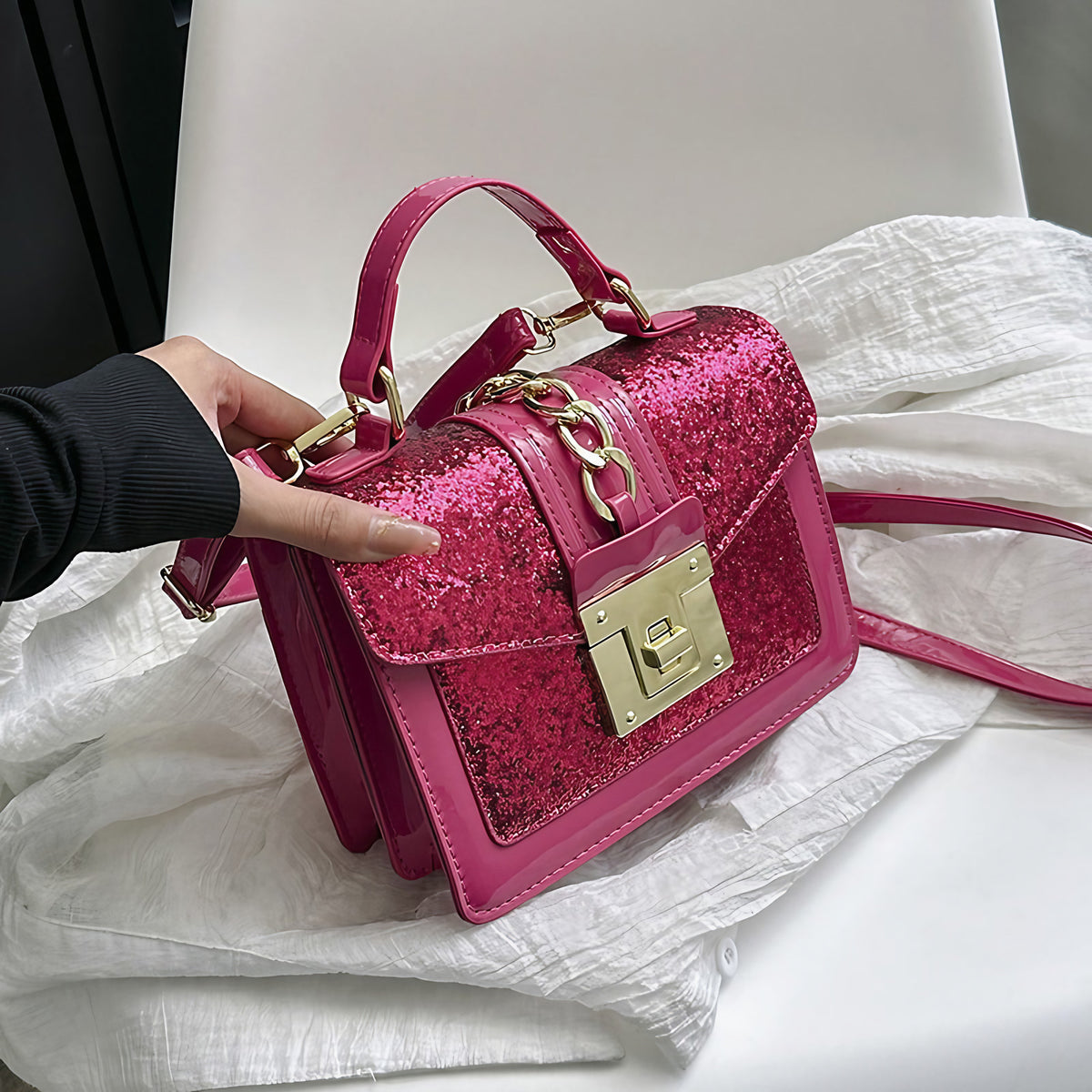 Sac à main à paillettes femme, forme mini-mallette, rose foncé