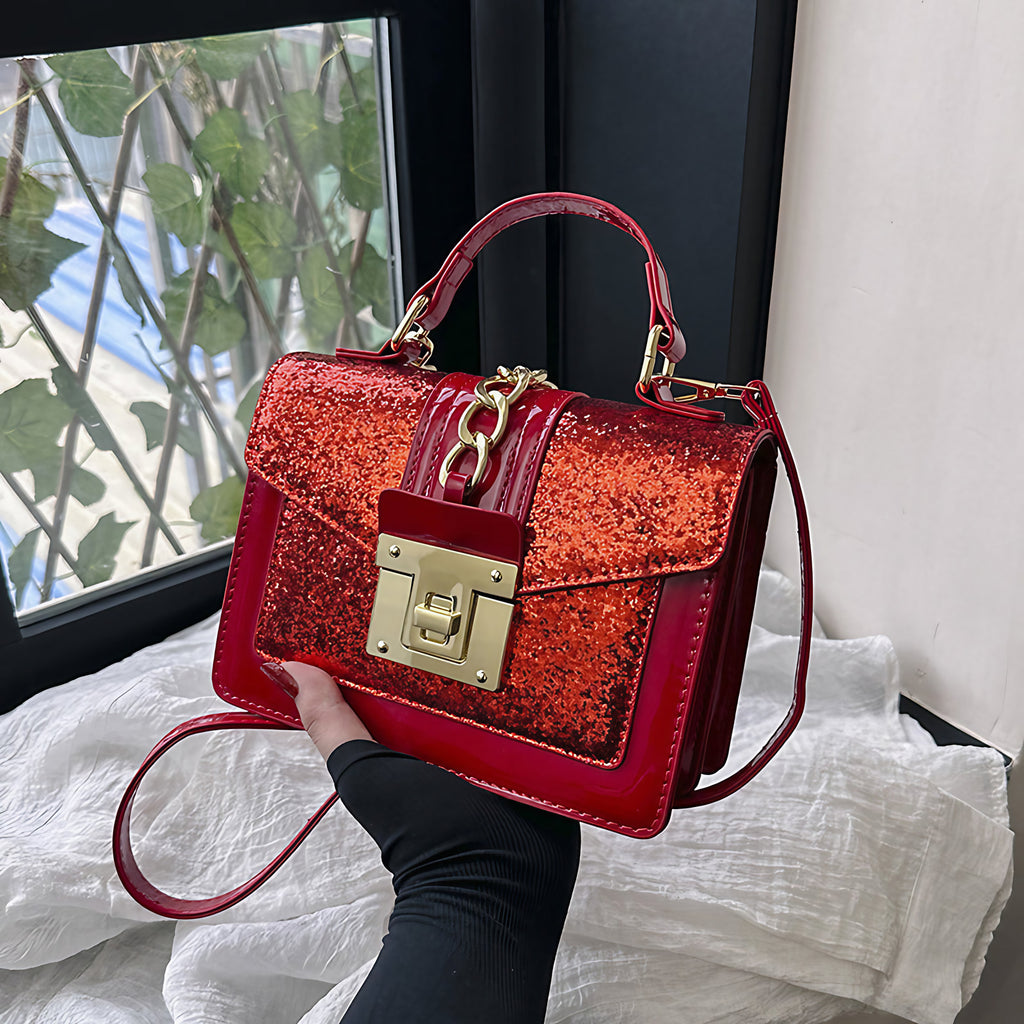 Sac à main à paillettes femme, forme mini-mallette, rouge