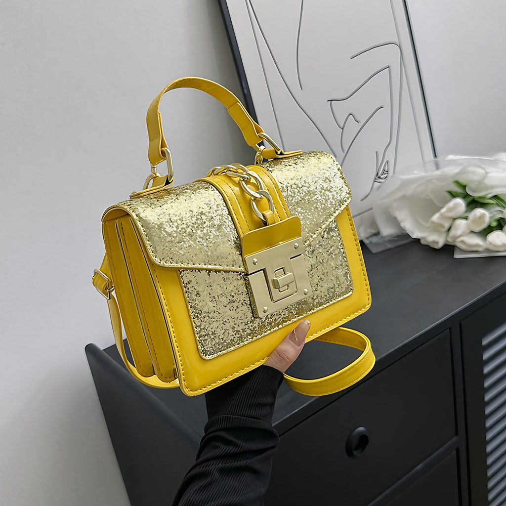 Sac à main à paillettes femme, forme mini-mallette, jaune
