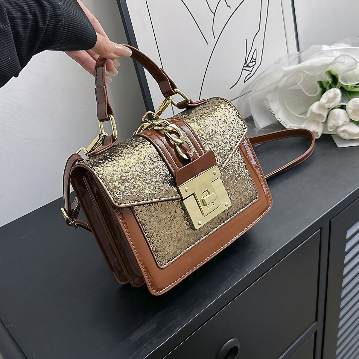 Sac à main à paillettes femme, forme mini-mallette, marron