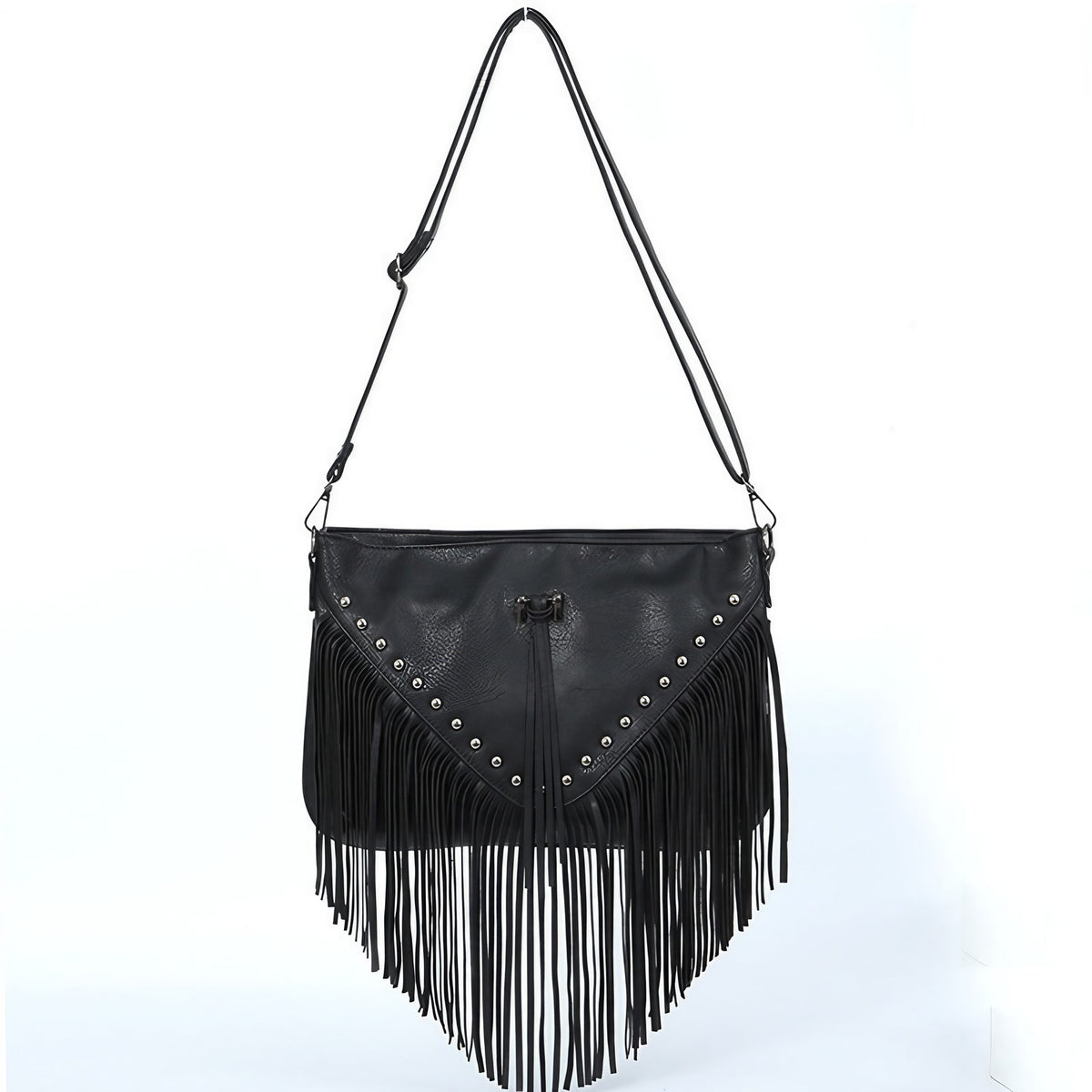 Sac bohème à franges femme noir, sangle ajustable, noir