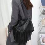 Sac bohème à franges femme noir, sangle ajustable