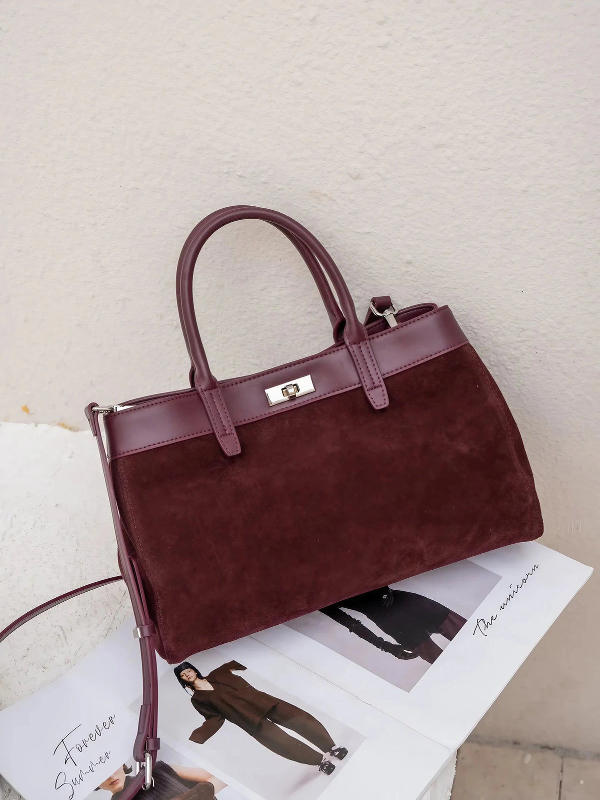 Sac à main femme à deux compartiments, bandoulière amovible, bordeaux