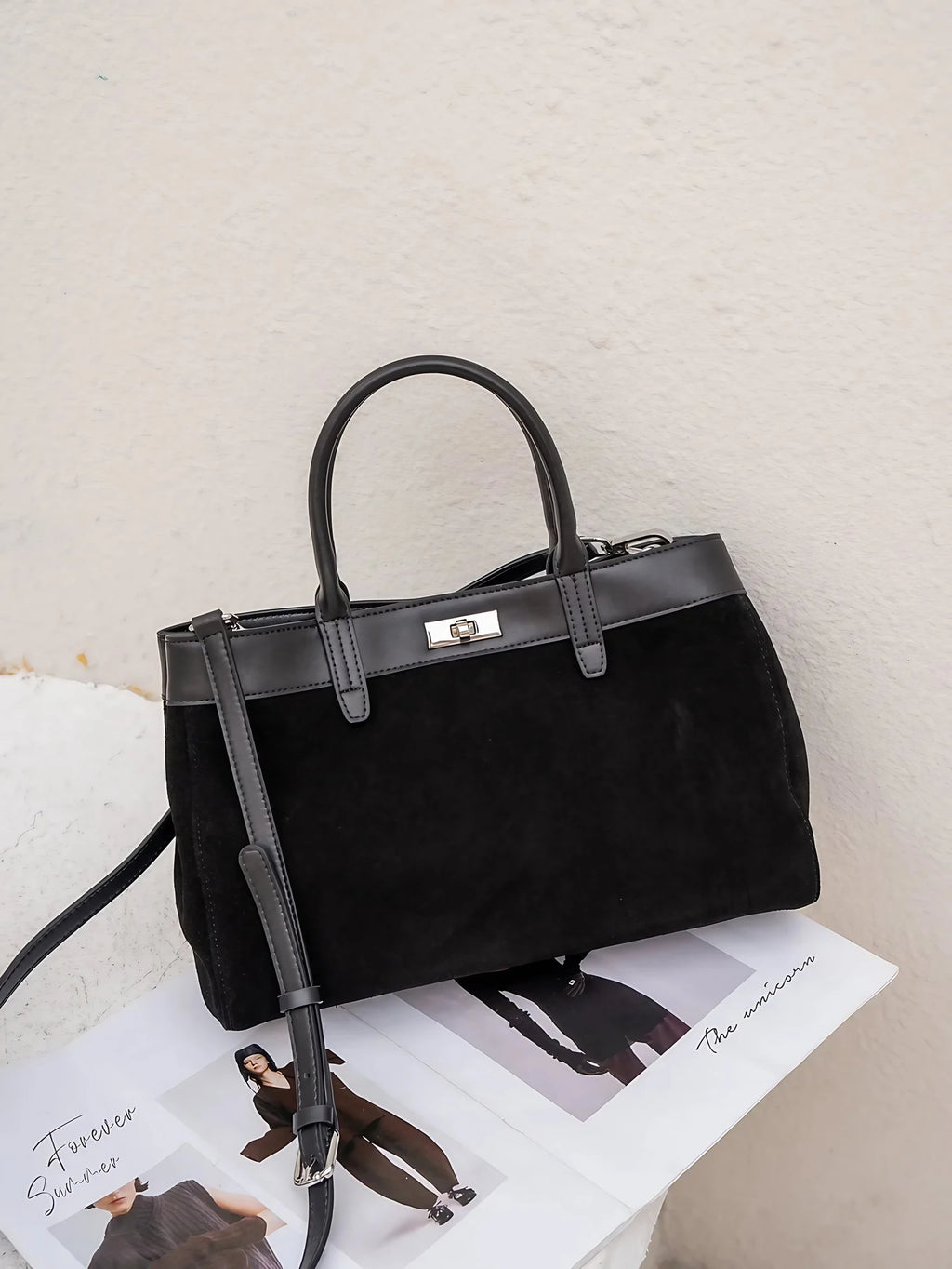 Sac à main femme à deux compartiments, bandoulière amovible, noir