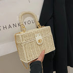 Petit sac carré en paille femme, chaîne dorée amovible, beige
