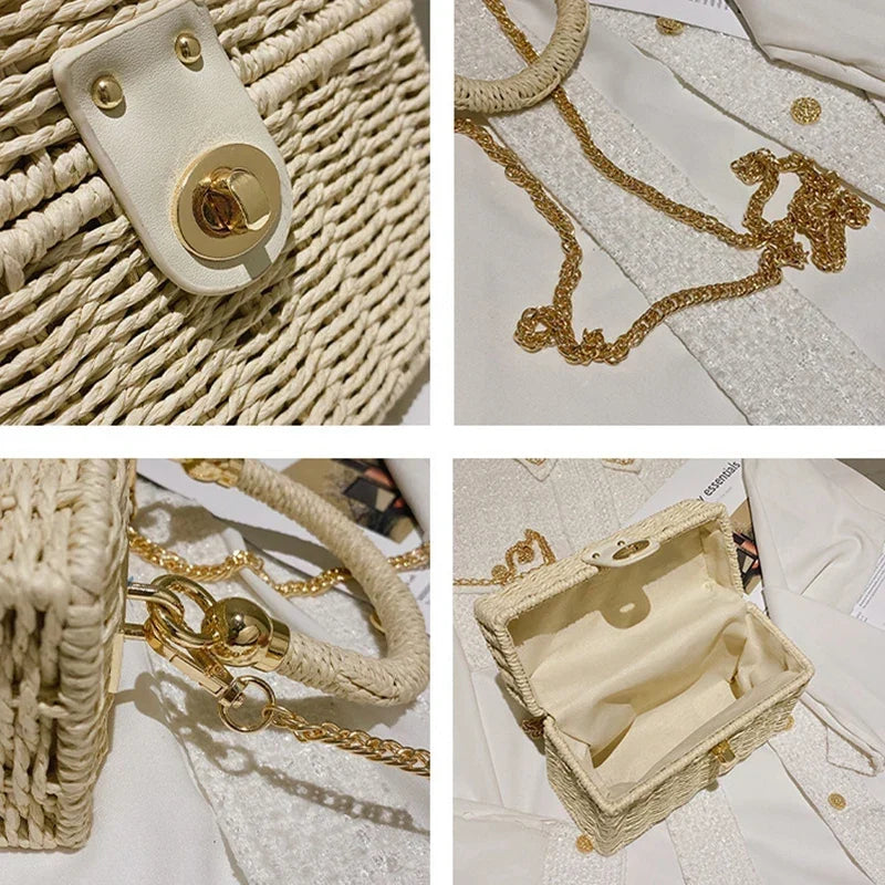 Petit sac carré en paille femme, chaîne dorée amovible
