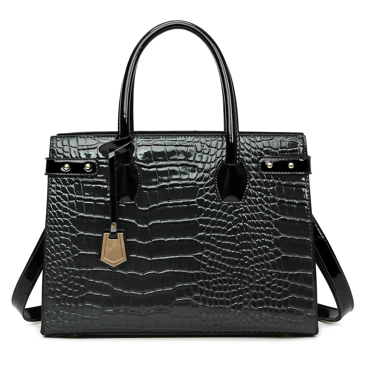Sac à main carré verni noir à motif croco, 31 x 23 cm, noir