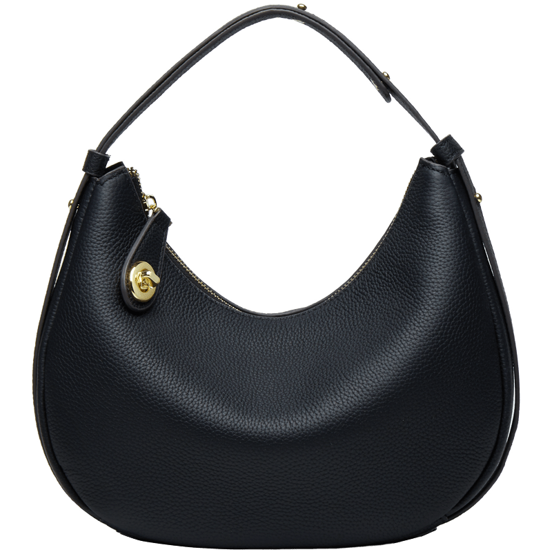 Sac à main demi-lune femme zippé, porte-clés intégré, noir intense