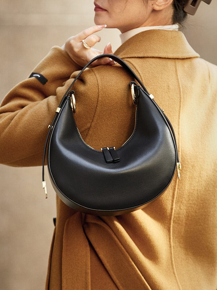 Sac à main demi-lune femme zippé, porte-clés intégré