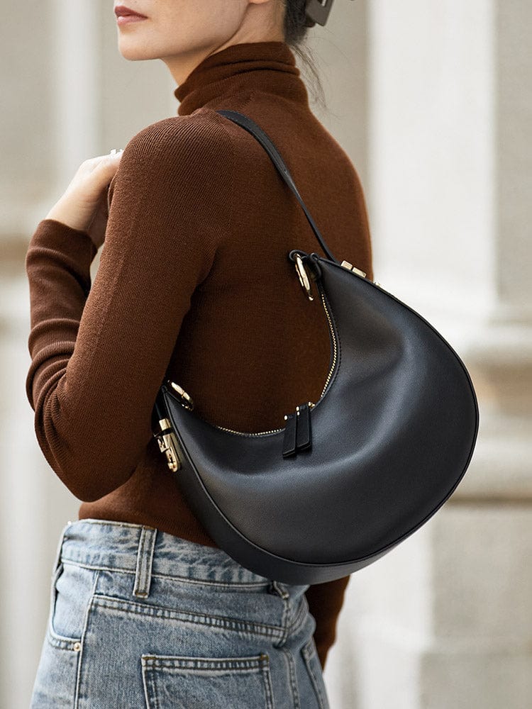 Sac à main demi-lune femme zippé, porte-clés intégré