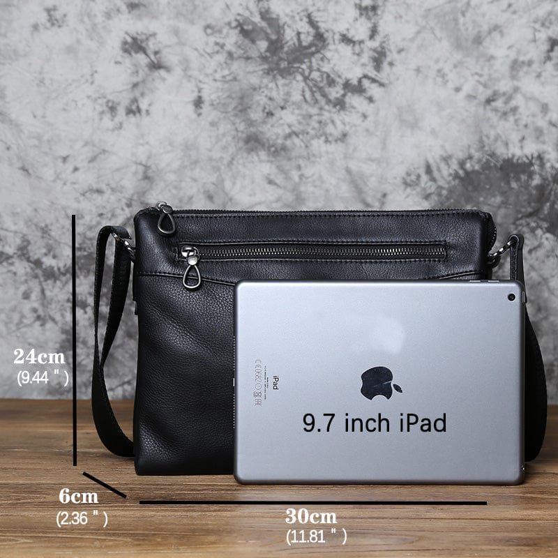 Sacoche homme en cuir noir pour tablette 10 pouces, 0,6 kg