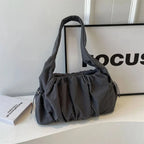 Sac porté épaule femme en nylon, devant froncé, poches à cordon, gris