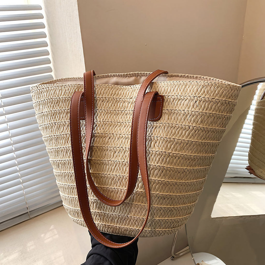 Sac panier femme en paille, anses en similicuir, forme trapèze
