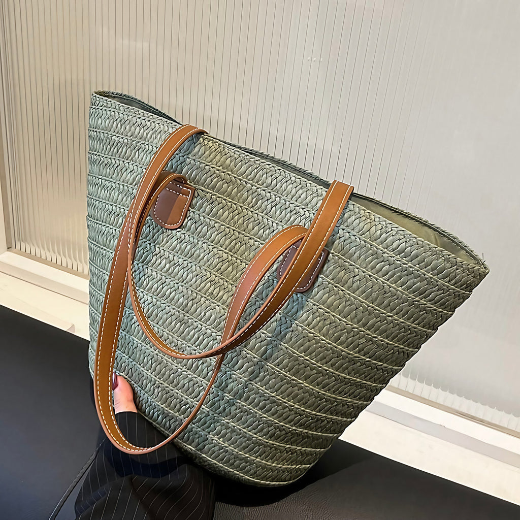 Sac panier femme en paille, anses en similicuir, forme trapèze, vert