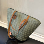 Sac panier femme en paille, anses en similicuir, forme trapèze, vert