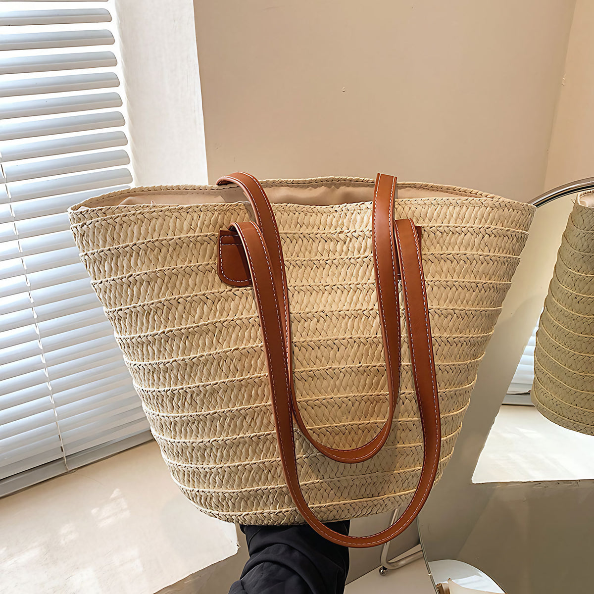 Sac panier femme en paille, anses en similicuir, forme trapèze, beige