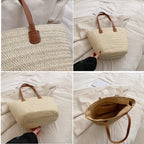 Sac panier femme en paille, anses en similicuir, forme trapèze