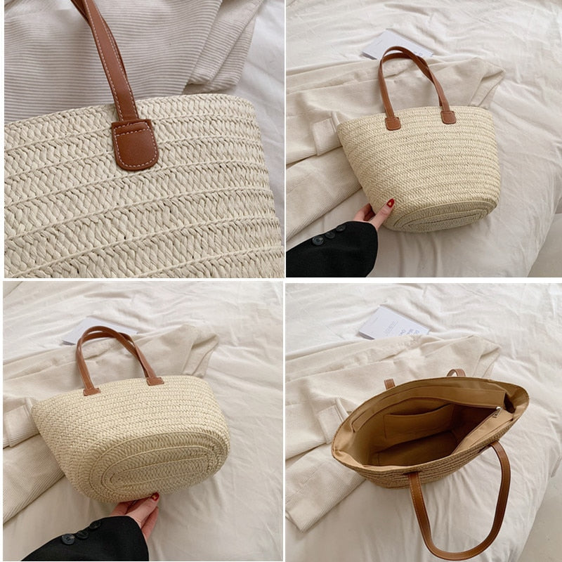 Sac panier femme en paille, anses en similicuir, forme trapèze