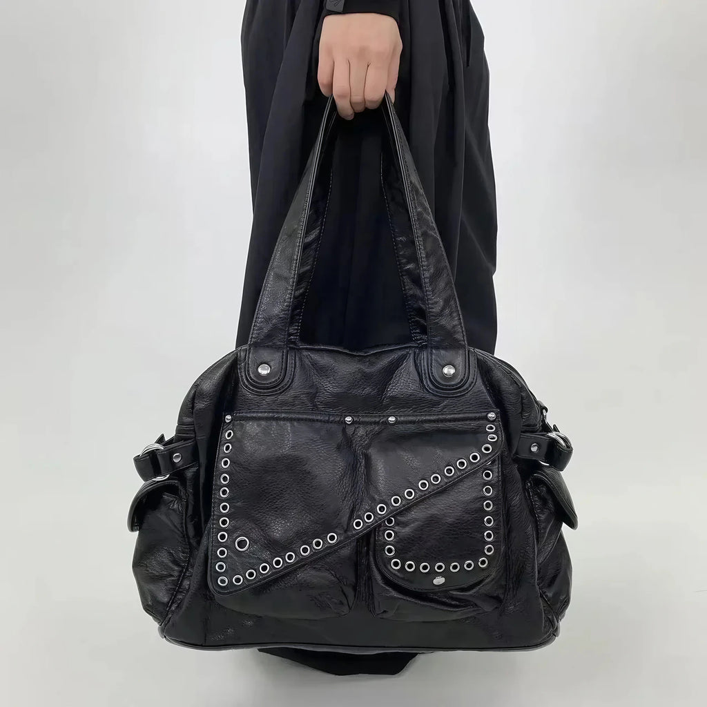 Sac à main femme multipoches en similicuir, bandoulière amovible, noir