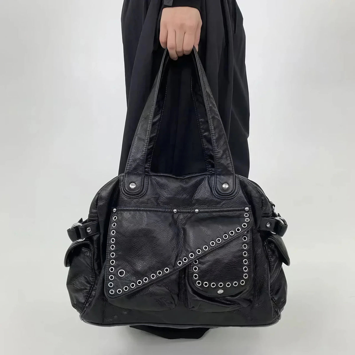 Sac à main femme multipoches en similicuir, bandoulière amovible, noir