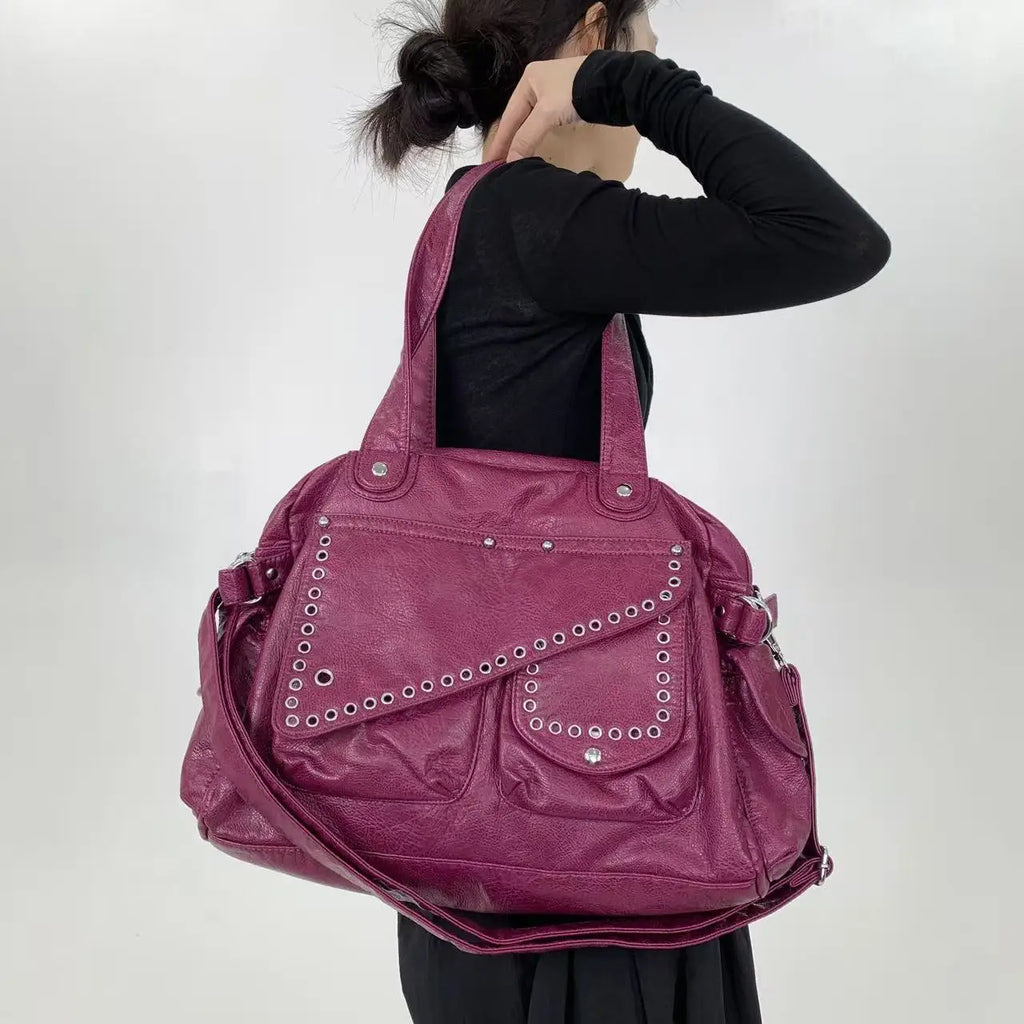 Sac à main femme multipoches en similicuir, bandoulière amovible, rose foncé