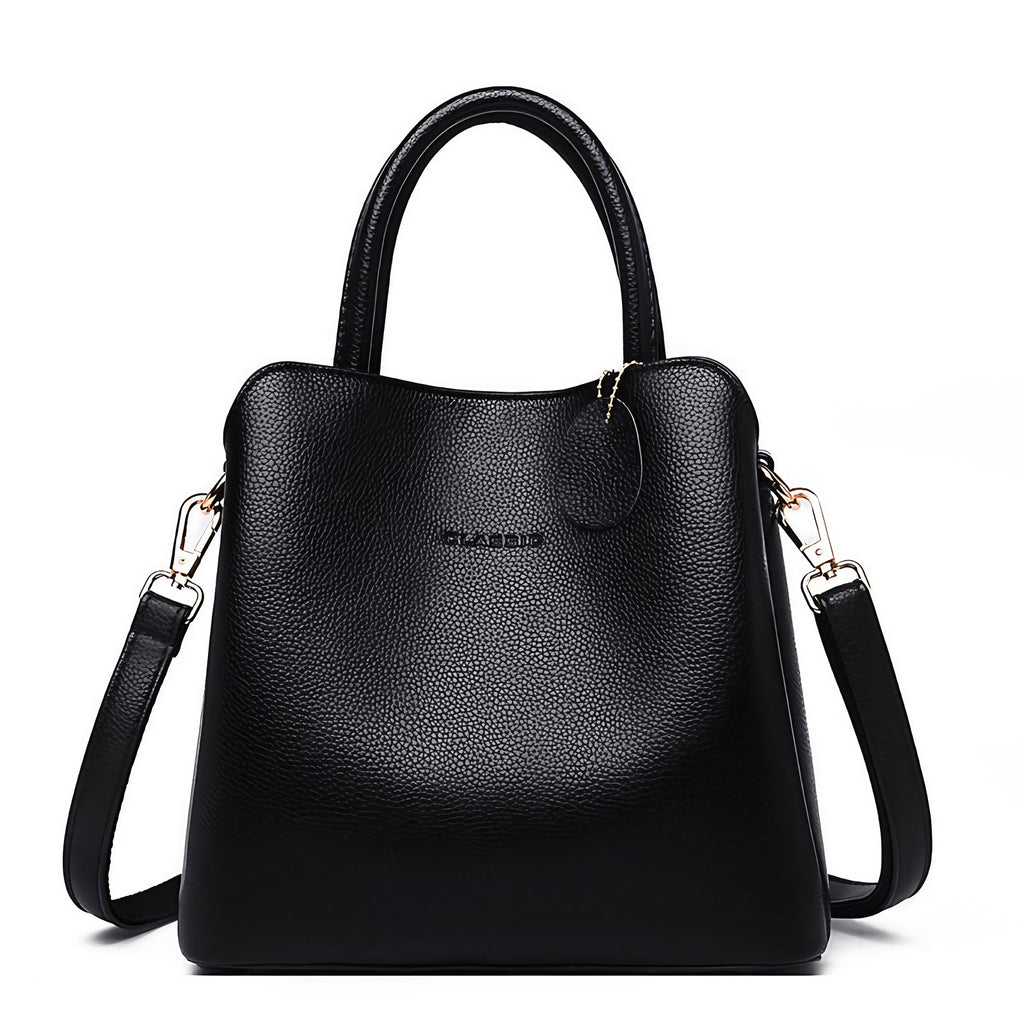 Sac à main femme noir à trois compartiments, 24 x 21 x 12 cm, noir