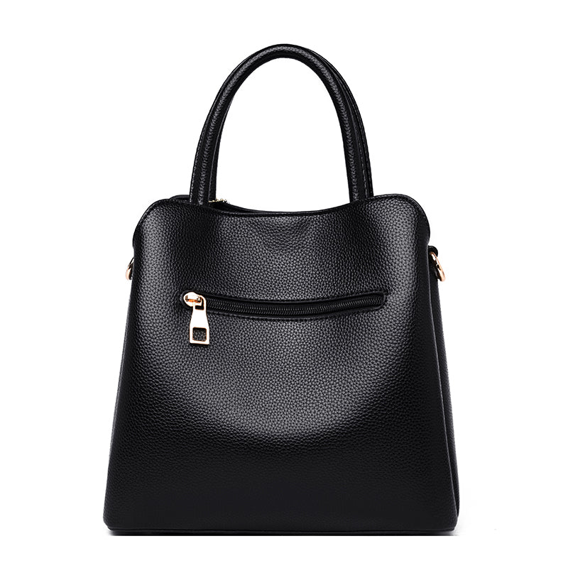 Sac à main femme noir à trois compartiments, 24 x 21 x 12 cm