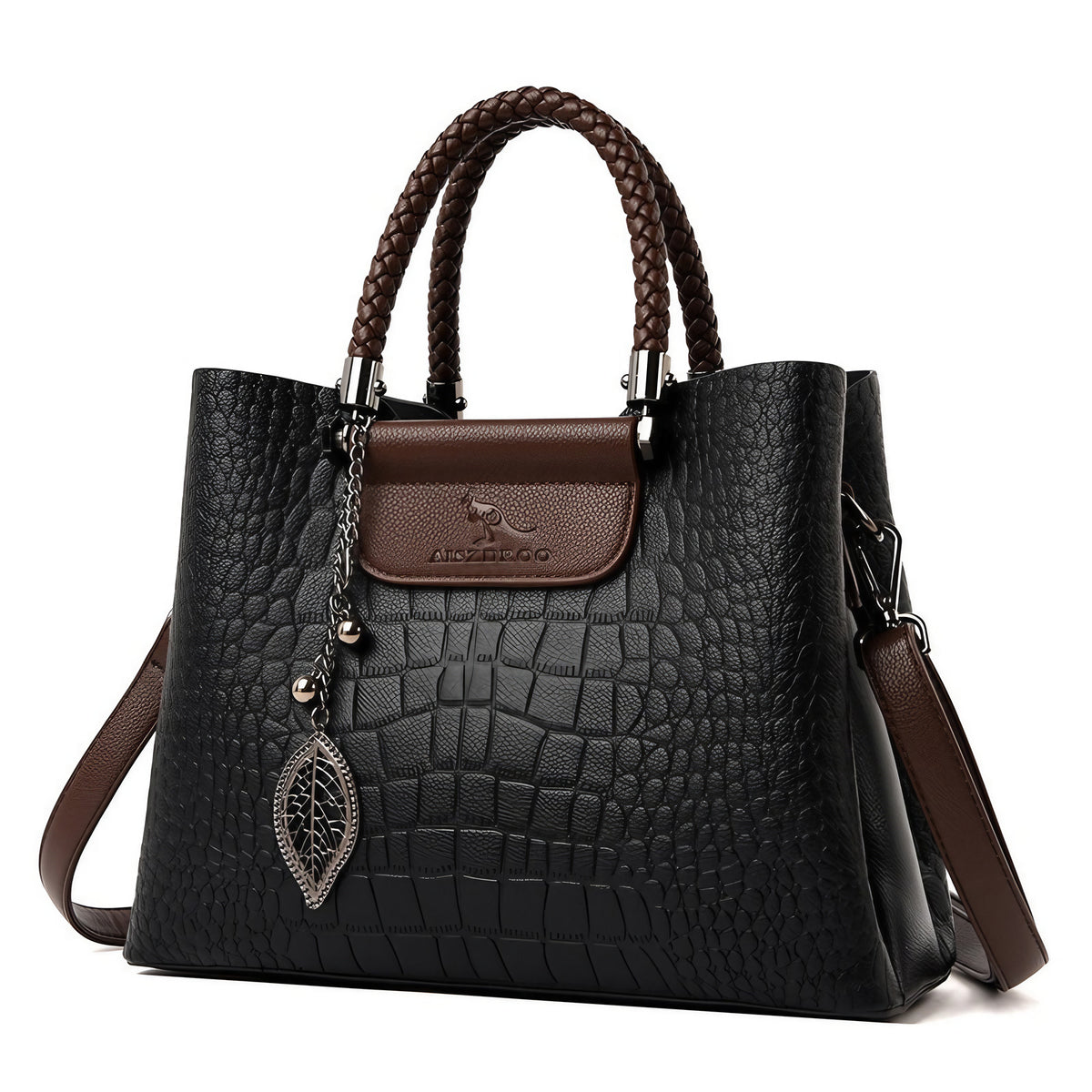 Sac à main femme effet croco bicolore, anses tressées, noir
