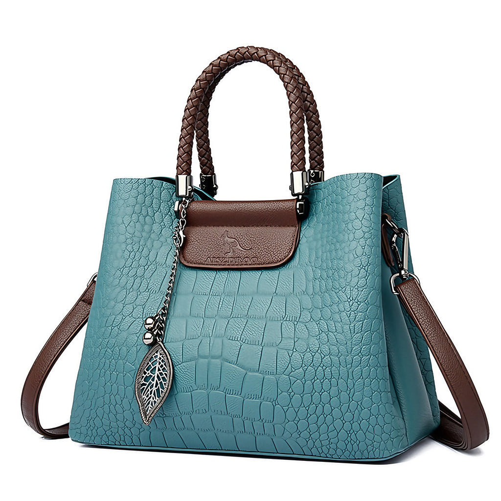 Sac à main femme effet croco bicolore, anses tressées, bleu ciel