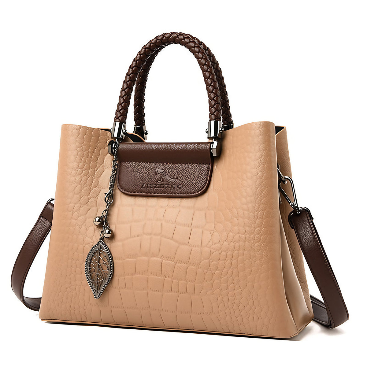 Sac à main femme effet croco bicolore, anses tressées, beige